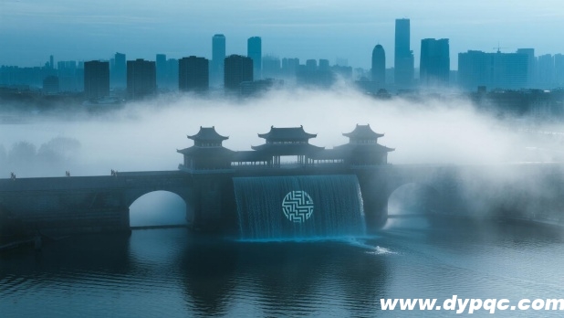 晨雾中水幕与古建筑交融