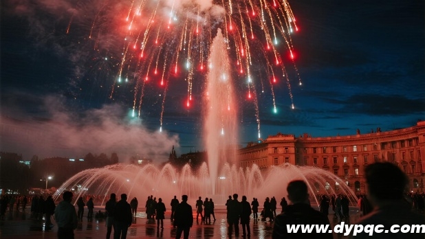 节日庆典下的城市中央喷泉