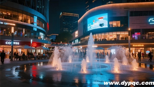 商业广场夜景喷泉吸引人群驻足