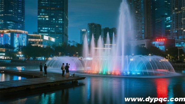城市河道喷泉夜间倒映实景 城市河道喷泉夜间倒映实景