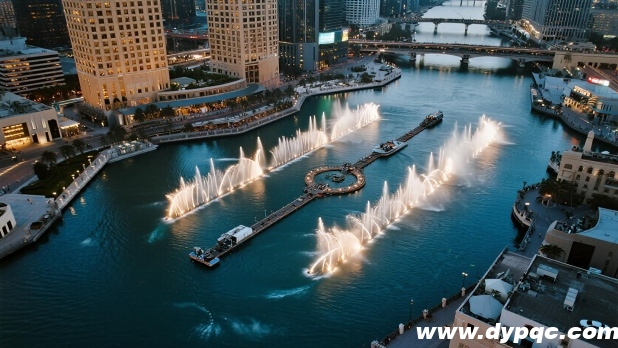 俯瞰视角下的河道音乐喷泉系统 俯瞰视角下的河道音乐喷泉系统