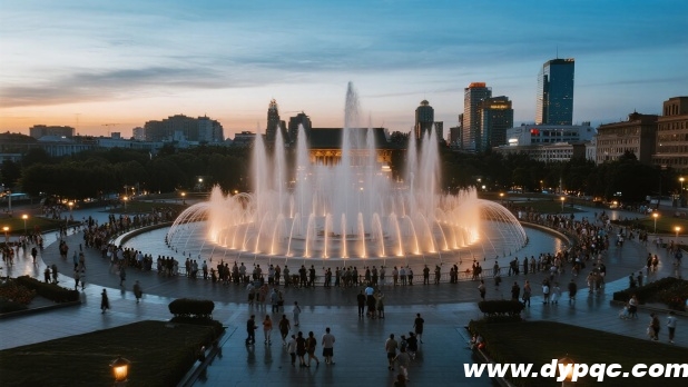 傍晚时分城市中心广场喷泉全景 傍晚时分城市中心广场喷泉全景