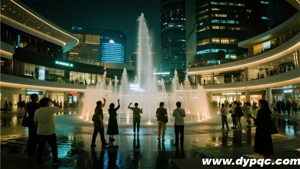 商业广场游客积极参与呐喊泉互动 商业广场游客积极参与呐喊泉互动