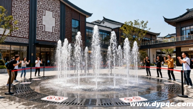 游客体验商业广场上的互动喷泉 游客体验商业广场上的互动喷泉