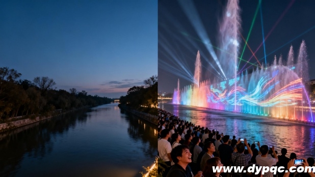 传统静态河道景观与河道音乐喷泉对比 传统静态河道景观与河道音乐喷泉对比