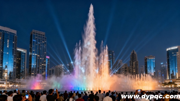 夜幕下的城市音乐喷泉全景