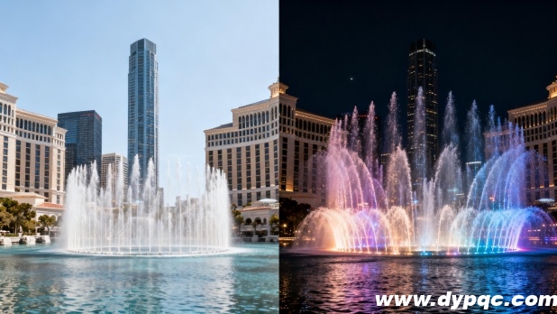城市音乐喷泉日夜间对比图