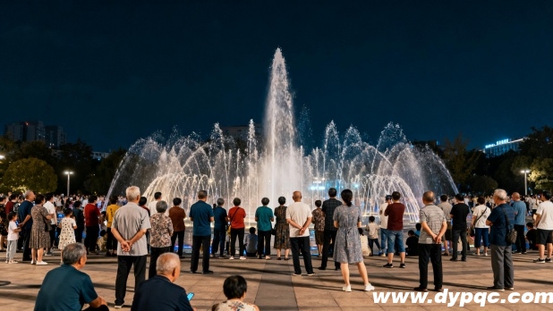 多年龄段市民和游客聚集在喷泉周围