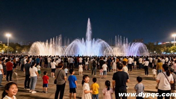 夜晚喷泉广场人山人海