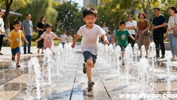 孩子们在低矮的喷泉水柱间奔跑穿梭 孩子们在低矮的喷泉水柱间奔跑穿梭