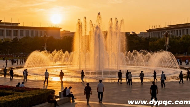 金色夕阳与喷泉水柱交相辉映 金色夕阳与喷泉水柱交相辉映