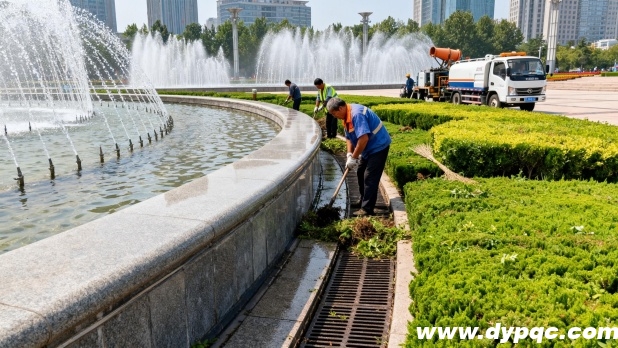 工作人员正在对喷泉水池周边进行环境维护 工作人员正在对喷泉水池周边进行环境维护