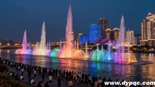 城市河道音乐喷泉夜景 城市河道音乐喷泉夜景