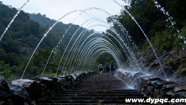 景区石阶步道两侧的波光跳泉 景区石阶步道两侧的波光跳泉