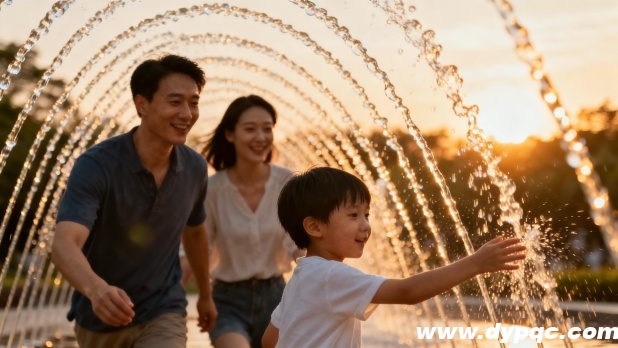 一家三口开心地穿梭于波光跳泉之间 一家三口开心地穿梭于波光跳泉之间