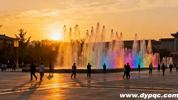黄昏时分的广场喷泉,金色夕阳与五彩水柱交相辉映 黄昏时分的广场喷泉,金色夕阳与五彩水柱交相辉映