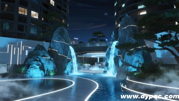 高端社区山石瀑布夜景 高端社区山石瀑布夜景
