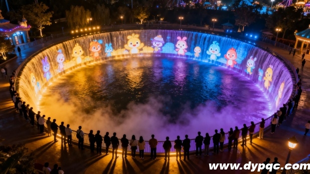 主题公园环形水幕投影着卡通形象 主题公园环形水幕投影着卡通形象