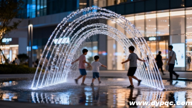 游客在商业广场的波光跳泉下穿梭互动 游客在商业广场的波光跳泉下穿梭互动