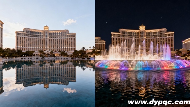 音乐喷泉水面如镜的日景与光影交织的夜景 音乐喷泉水面如镜的日景与光影交织的夜景