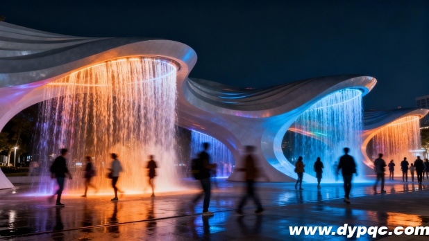 游客穿梭于现代雕塑水景之间 游客穿梭于现代雕塑水景之间