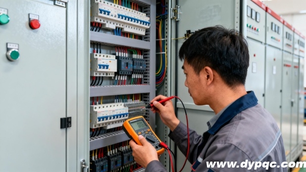 工程师对喷泉控制柜进行例行维护检查