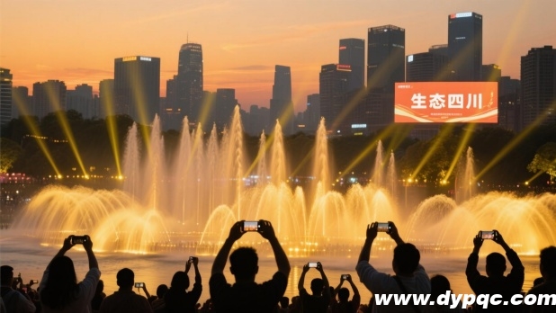 四川城市音乐喷泉黄昏全景
