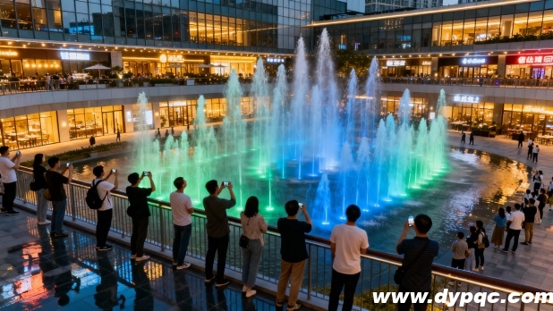 顾客驻足观看商业综合体音乐喷泉 顾客驻足观看商业综合体音乐喷泉