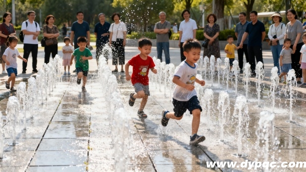 儿童在互动戏水区嬉戏 儿童在互动戏水区嬉戏