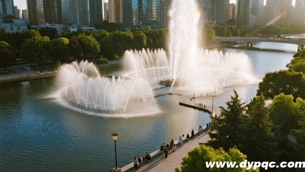 绿树环绕的夏日城市河道喷泉景观 绿树环绕的夏日城市河道喷泉景观