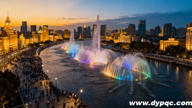 河道音乐喷泉灯光与城市夜景灯光交织 河道音乐喷泉灯光与城市夜景灯光交织