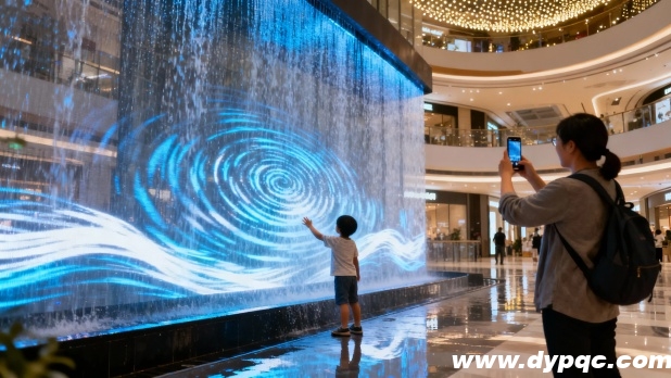 儿童伸手触碰购物中心的互动水帘投影 儿童伸手触碰购物中心的互动水帘投影