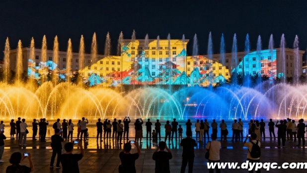 水柱随音乐节奏变换与投影灯光秀交织 水柱随音乐节奏变换与投影灯光秀交织