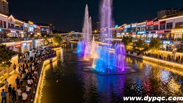 城市音乐喷泉周边商业区灯火通明 城市音乐喷泉周边商业区灯火通明