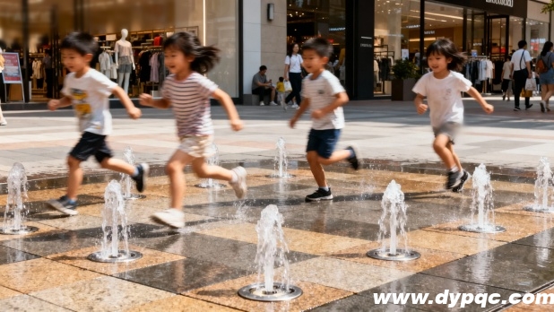 儿童在广场旱喷的低矮水柱间奔跑穿梭 儿童在广场旱喷的低矮水柱间奔跑穿梭