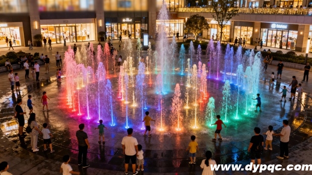 彩色灯光照亮旱喷泉水柱 彩色灯光照亮旱喷泉水柱