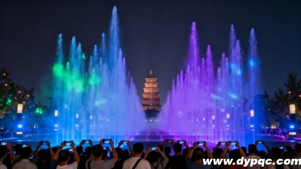 数十米高的喷泉水柱直冲夜空 数十米高的喷泉水柱直冲夜空