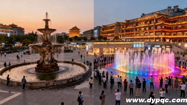 略显冷清的景观喷泉对比热闹的音乐旱喷泉 略显冷清的景观喷泉对比热闹的音乐旱喷泉