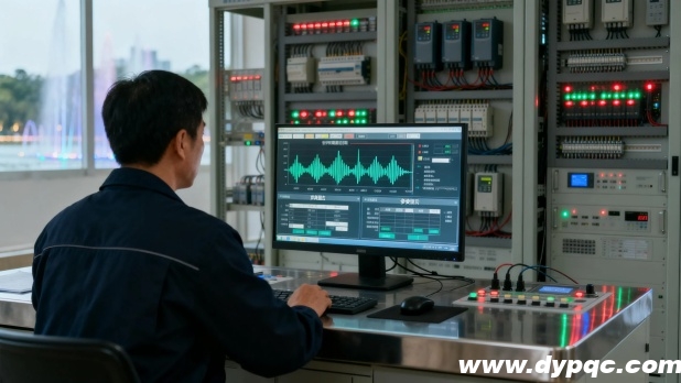 工程师在控制中心进行音乐喷泉编程 工程师在控制中心进行音乐喷泉编程