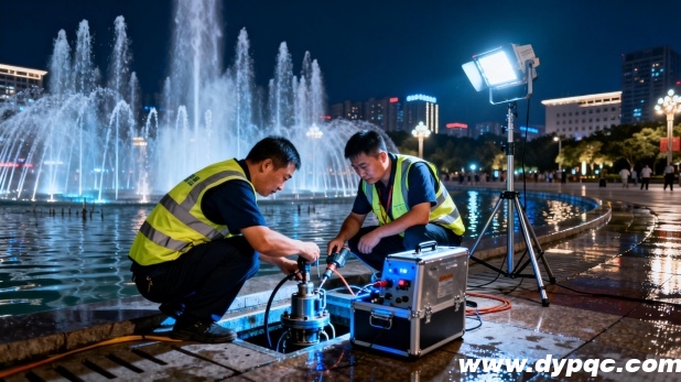 应急维修团队在夜间处理喷泉故障 应急维修团队在夜间处理喷泉故障