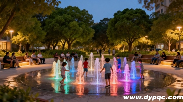 社区广场内的互动旱喷泉吸引众多家庭休憩 社区广场内的互动旱喷泉吸引众多家庭休憩